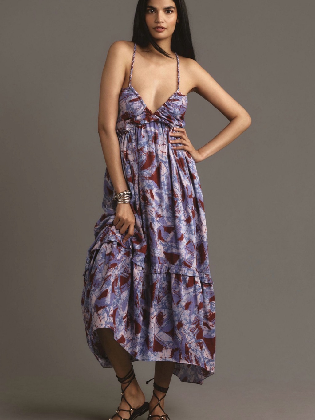 By Anthropologie Sleeveless V-Neck Silk Blend A-Line Midi Dress Abstract Print M